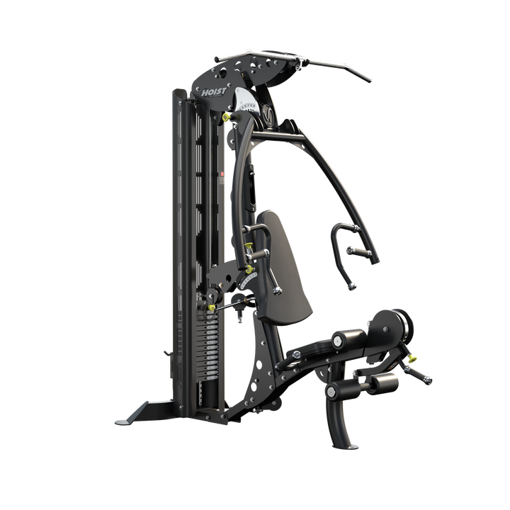 HOIST V1 Elite home gym rear angle view highlighting cable system and weight stack for strength training exercises
