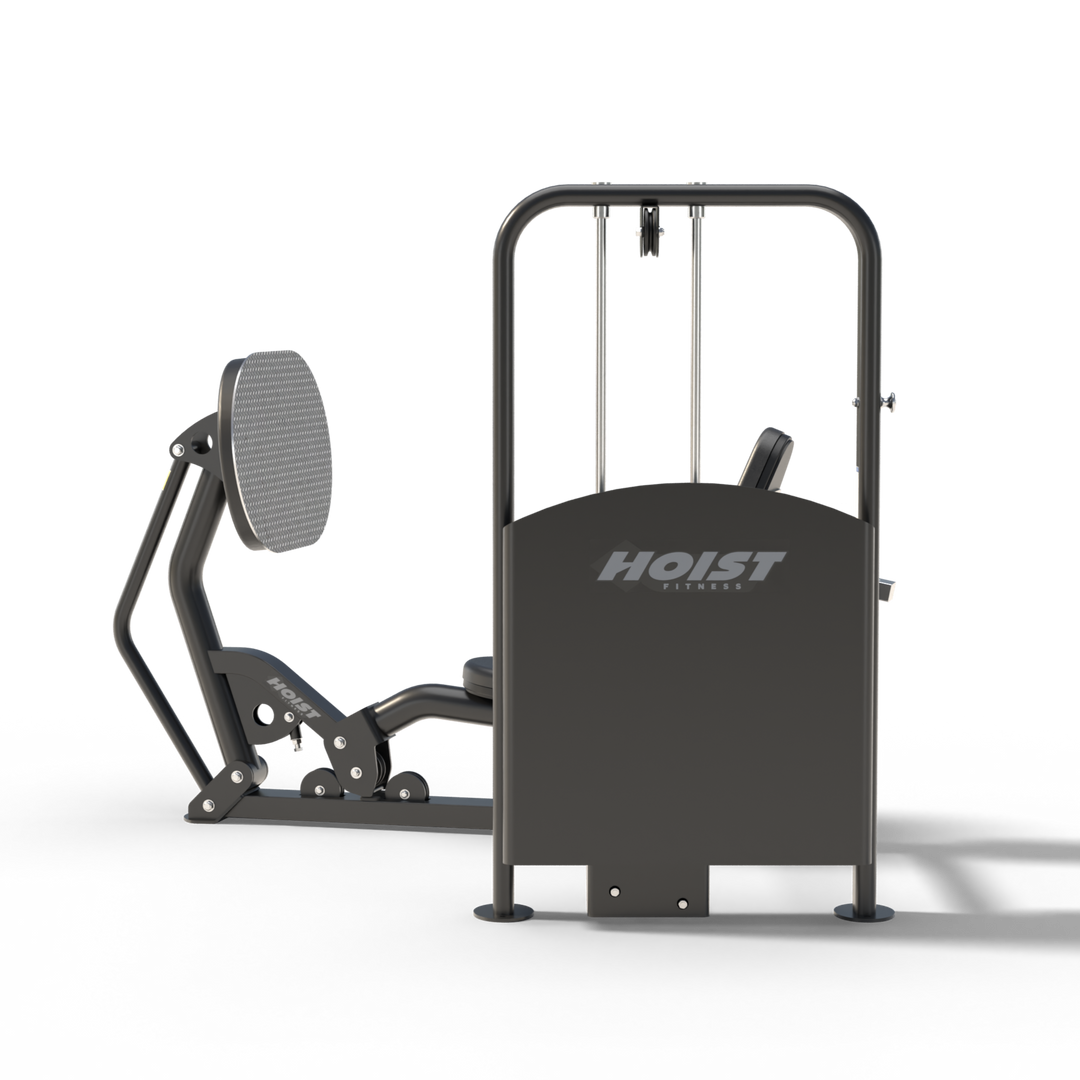 HOIST V ride leg press back panel view showing enclosed weight stack for safe and compact gym setup