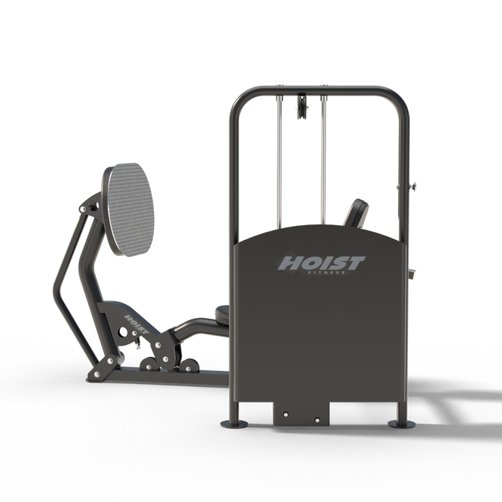 HOIST V ride leg press back panel view showing enclosed weight stack for safe and compact gym setup