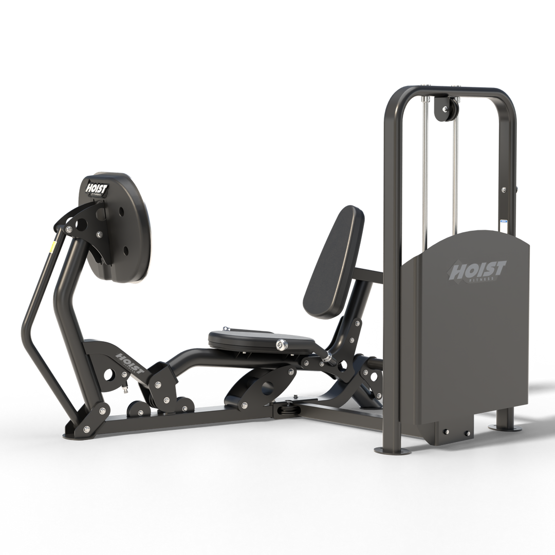 HOIST V ride leg press rear angle highlighting frame structure and weight stack for strength training performance