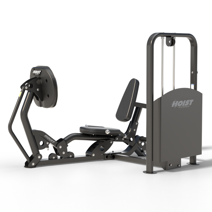 HOIST V ride leg press rear angle highlighting frame structure and weight stack for strength training performance