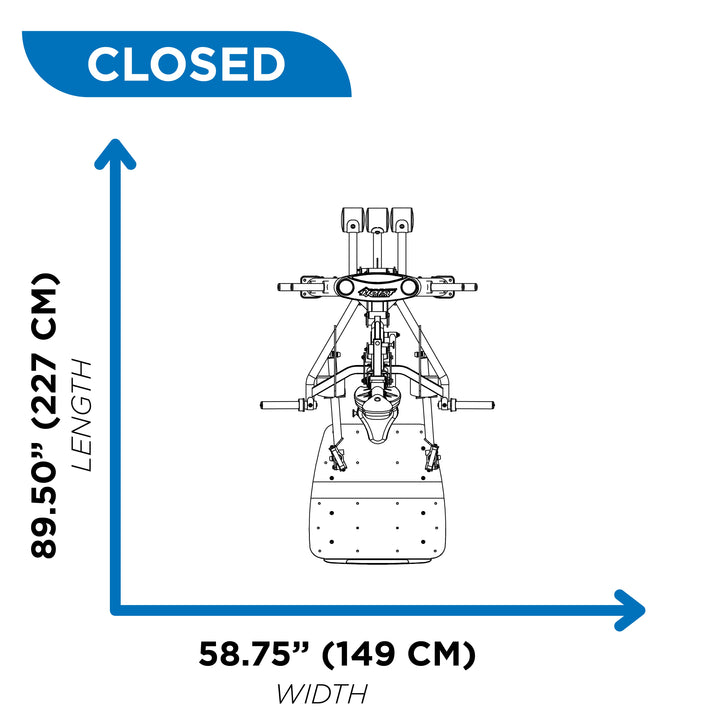 overhead diagram showing closed footprint of hack squat machine at 89.50 inch length and 58.75 inch width