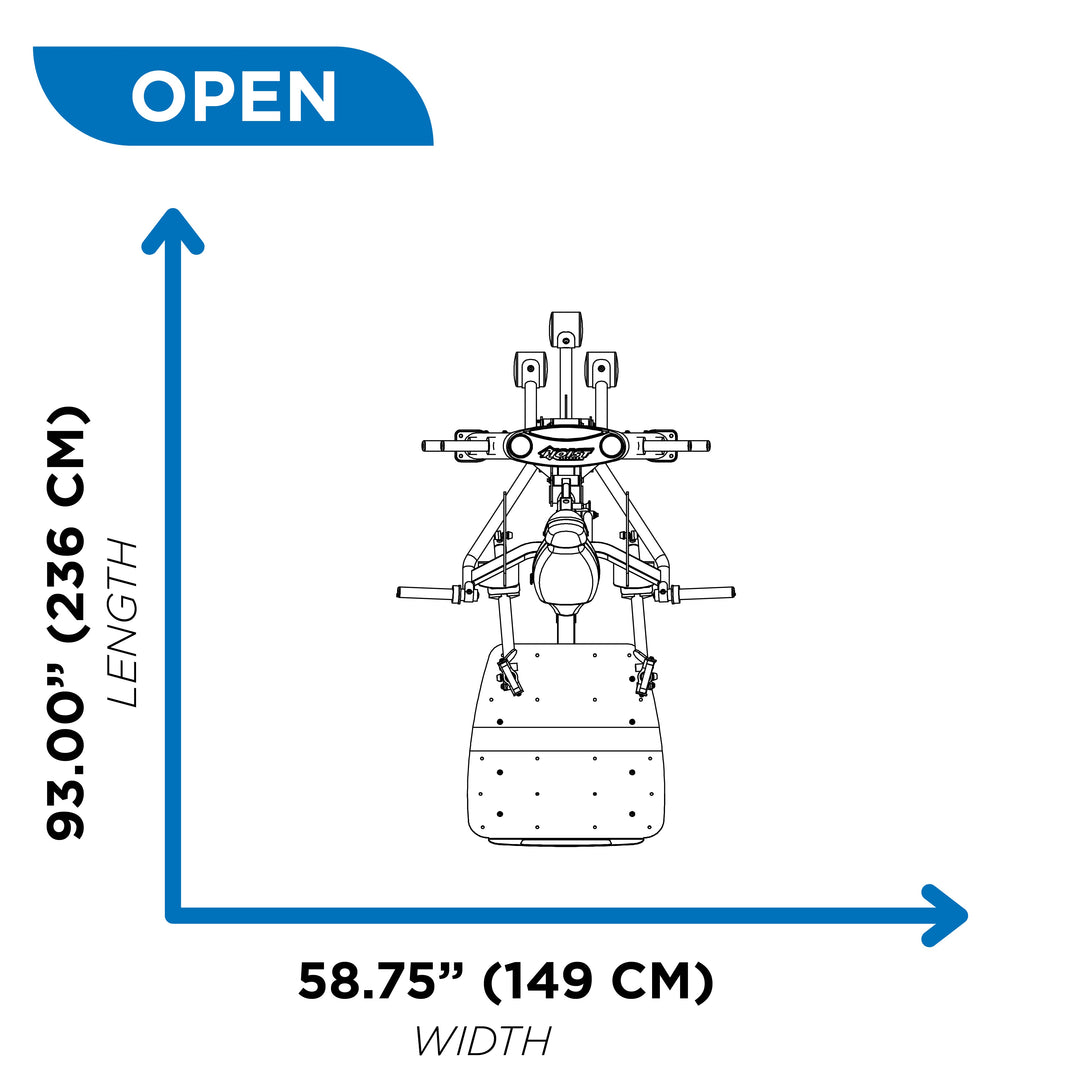 overhead diagram showing open footprint of hack squat machine at 93.00 inch length and 58.75 inch width