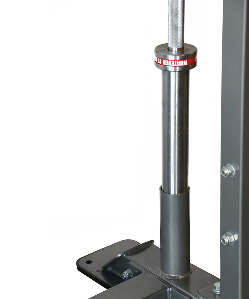Height adjustment post with numbered positions on the Defiant Strength half rack.