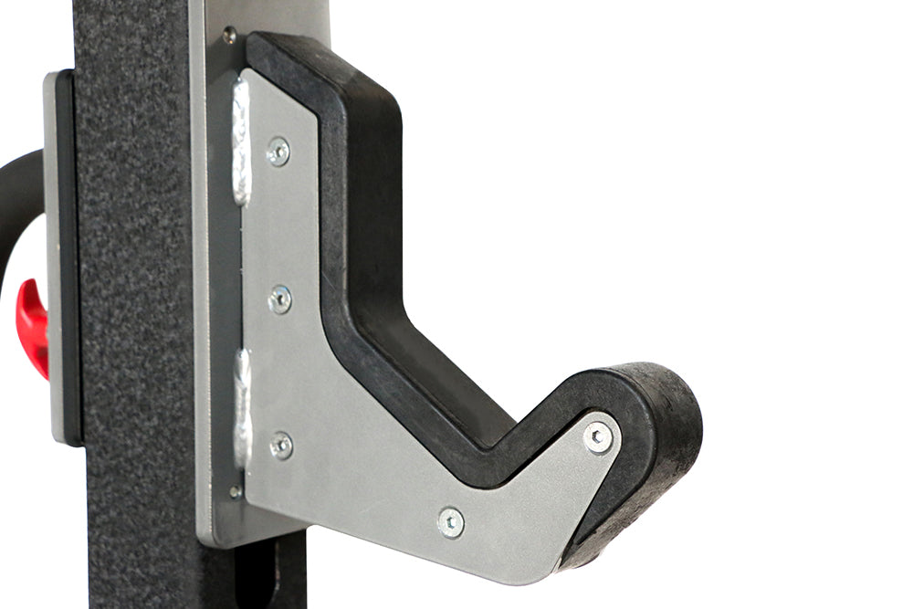 Close-up of the safety hook attachment on the Defiant Strength DS-901HR half rack.