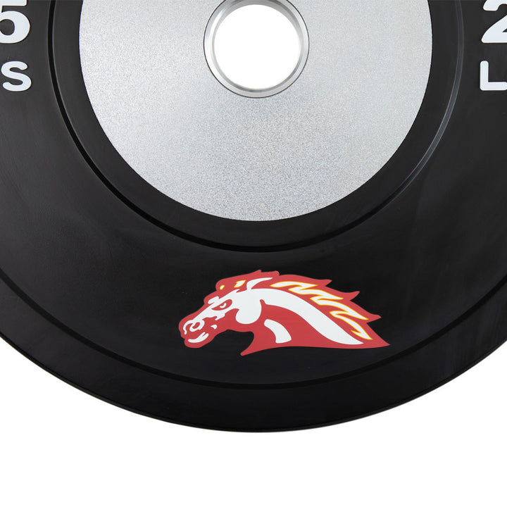 Heat-transferred logo detail on custom rubber competition bumper plate