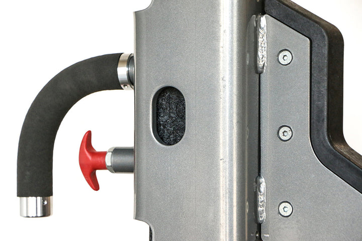 Close-up of the heavy-duty J-cup bar holder on the Defiant Strength half rack.