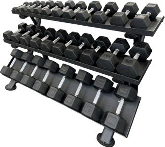 Black three-tier hex dumbbell storage rack shown loaded with multiple pairs of hex dumbbells