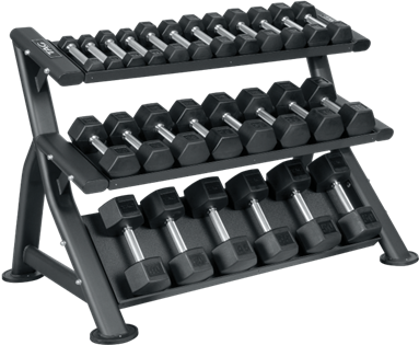 Black three-tier dumbbell storage rack shown loaded with multiple pairs of hex dumbbells
