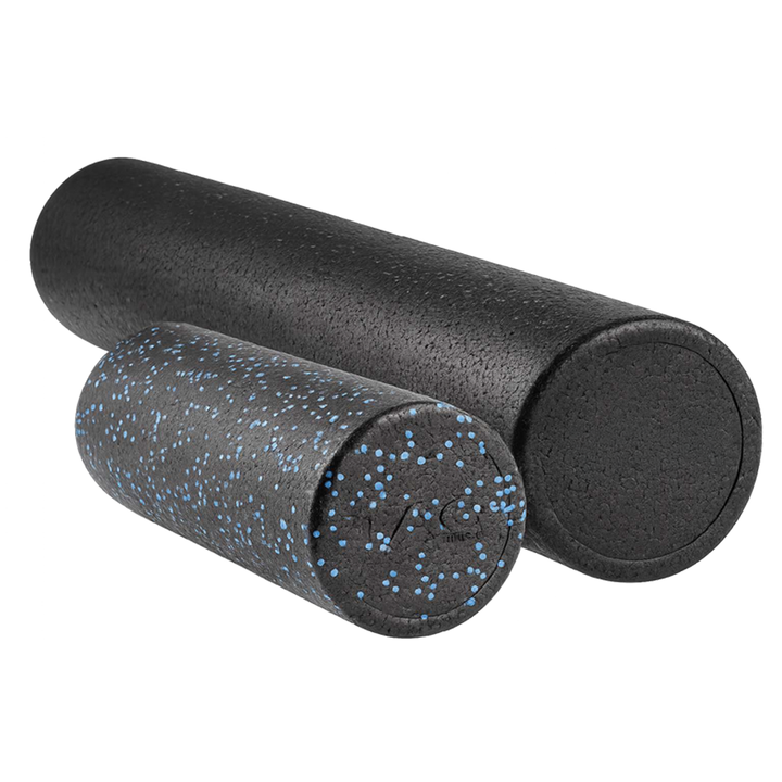 Two black high-density foam rollers shown in different lengths for stretching and mobility exercises