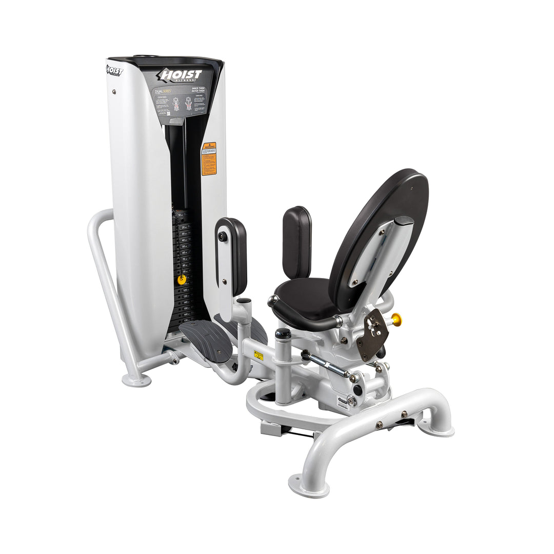 angled view of inner and outer thigh machine with adjustable pads and seat