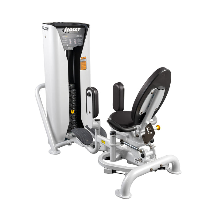 angled view of inner and outer thigh machine with adjustable pads and seat