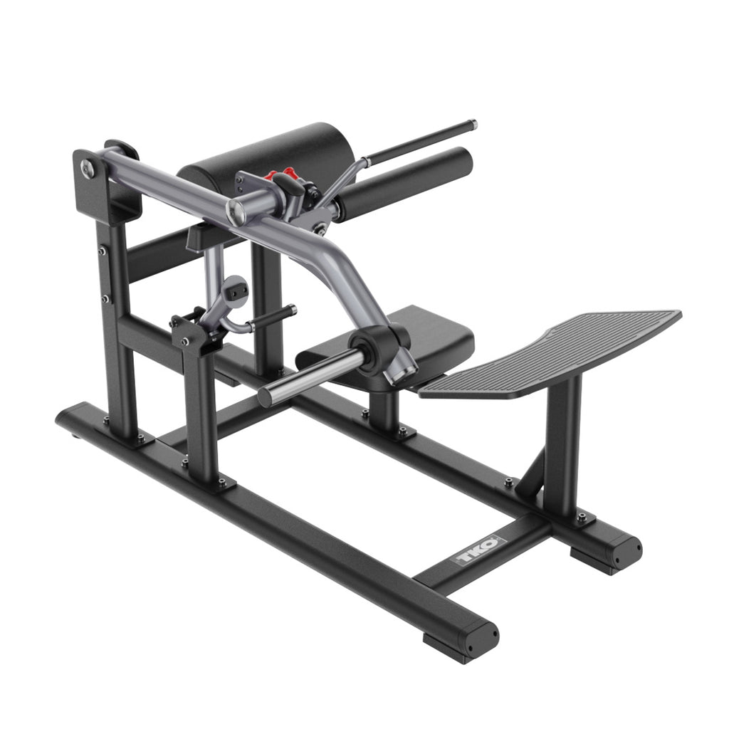 Hip thrust machine with adjustable padded bar, domed back pad, and oversized foot plate