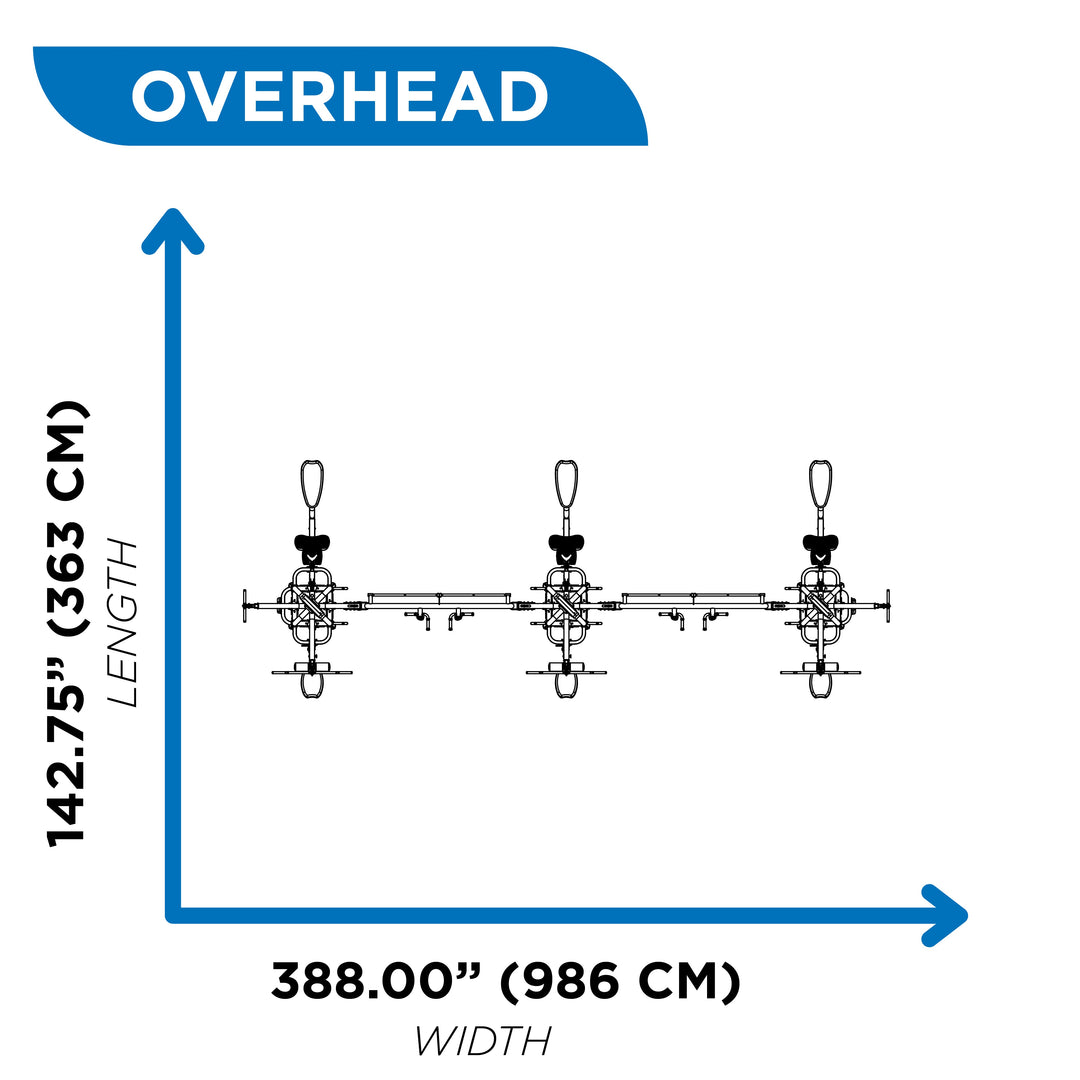 Overhead diagram of tri pod multi gym showing 142.75 inch length and 388.00 inch width