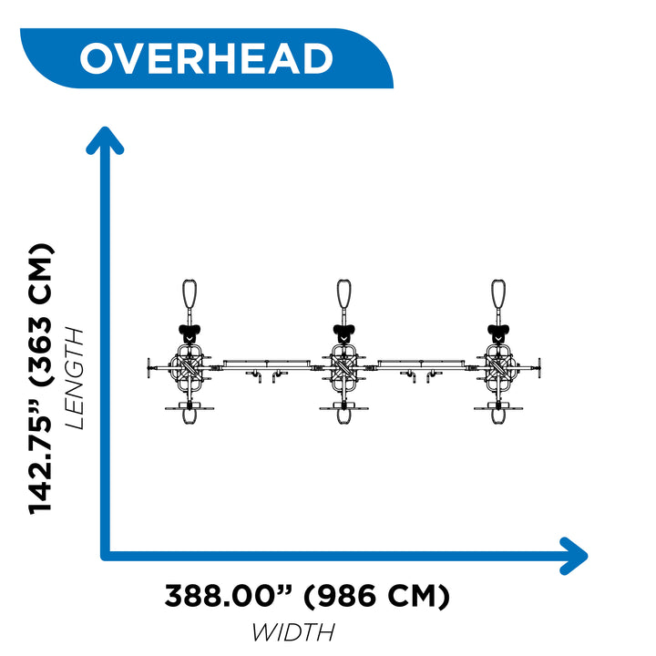 Overhead diagram of tri pod multi gym showing 142.75 inch length and 388.00 inch width