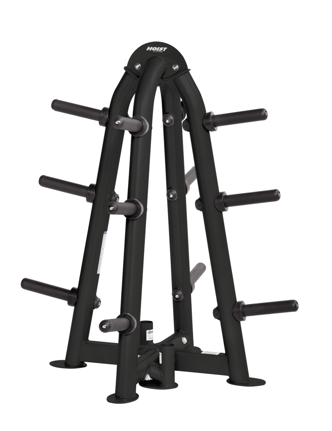 Four-sided Olympic plate tree with vertical frame and multiple storage pegs for organized weight plate storage
