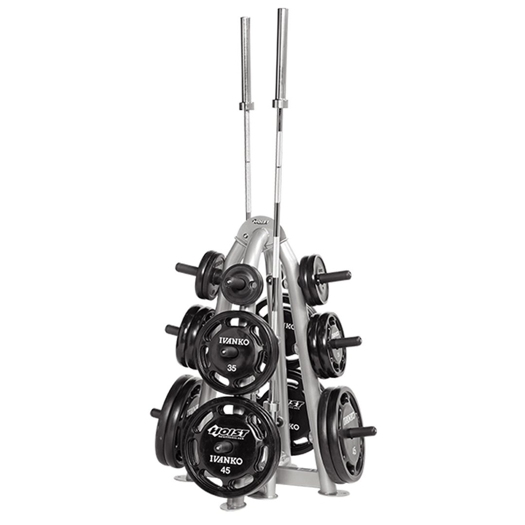 Plate tree fully loaded with Olympic weight plates on all four sides for efficient storage