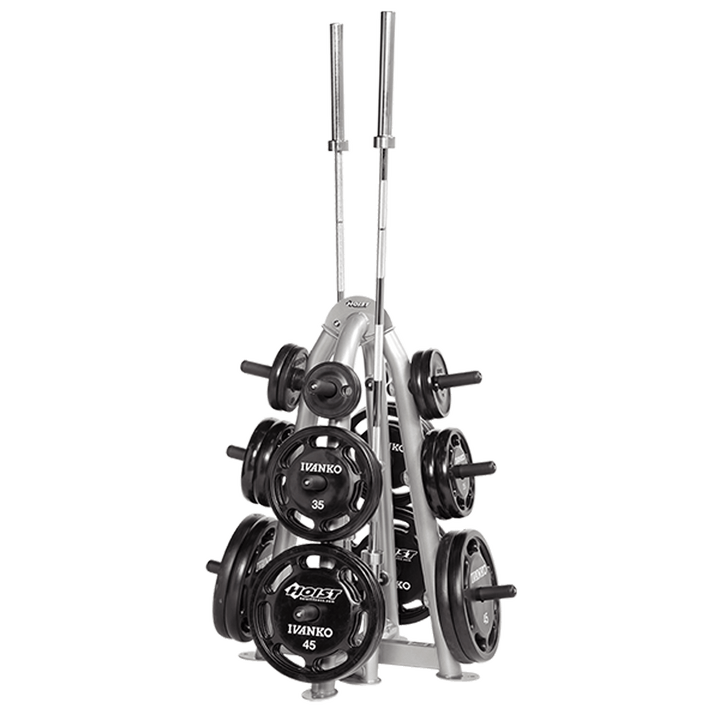 Plate tree fully loaded with Olympic weight plates on all four sides for efficient storage