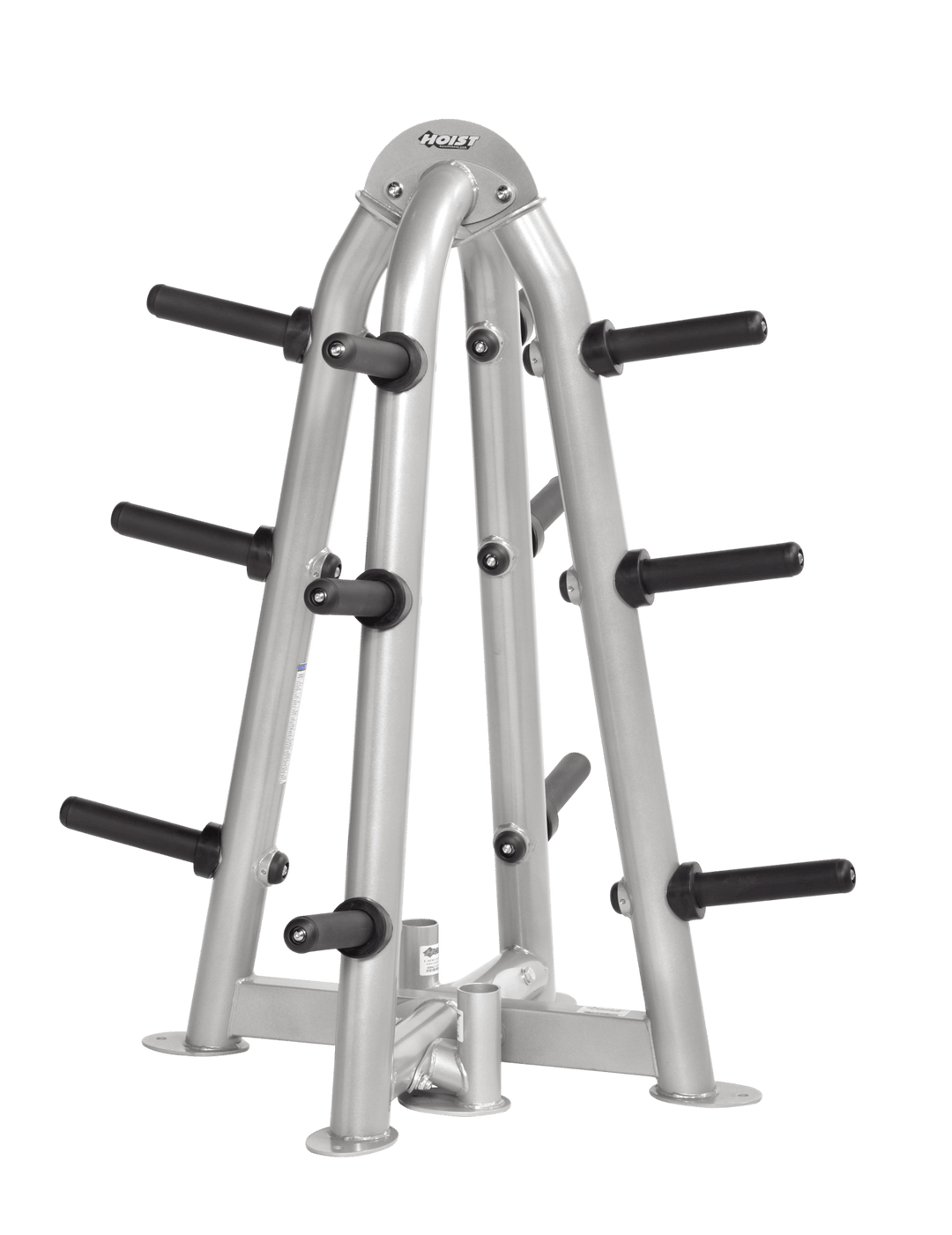 White frame four-sided Olympic plate tree designed for organized gym storage