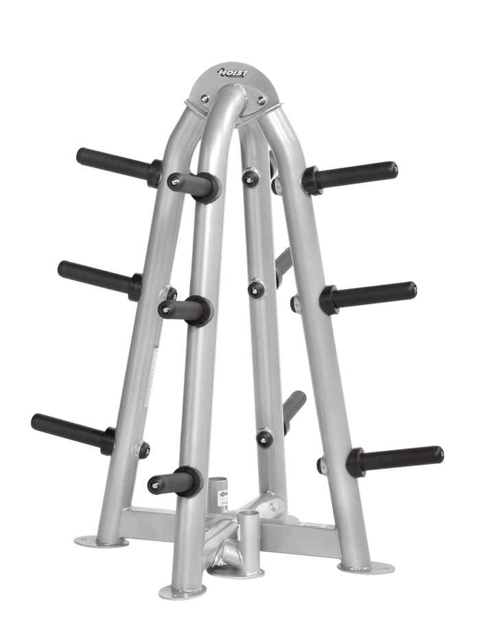 White frame four-sided Olympic plate tree designed for organized gym storage