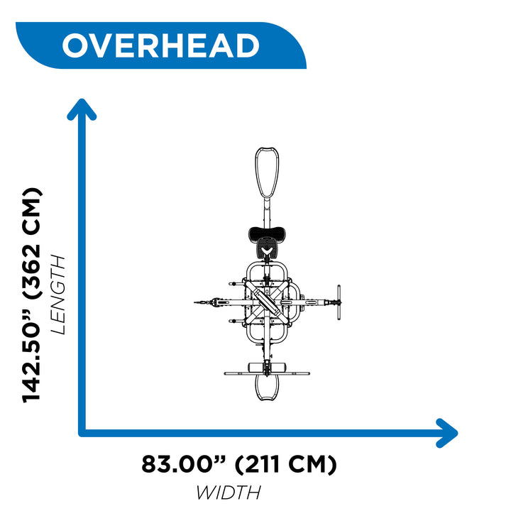 Overhead diagram of 4 station multi gym showing 142.50 inch length and 83.00 inch width