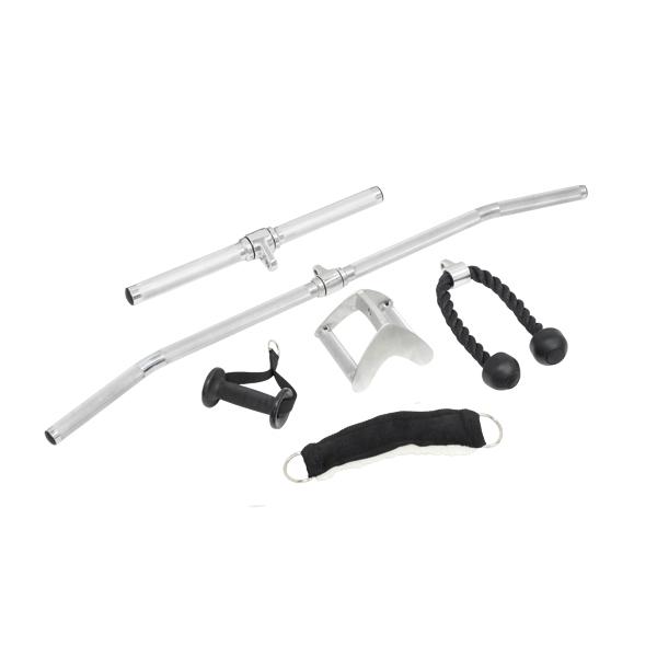 Assorted cable attachments including bar, rope, and handles for multi station gym exercises