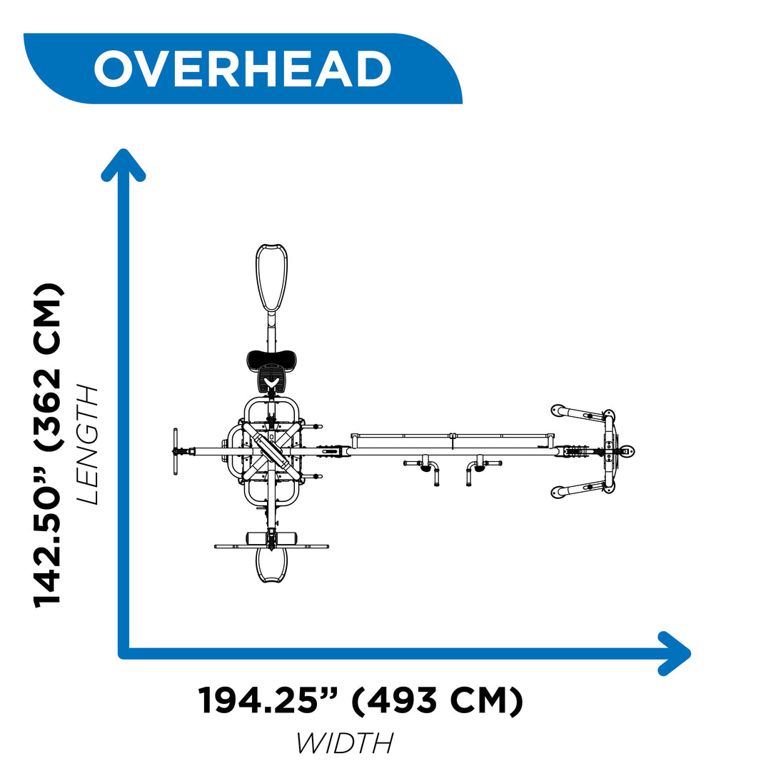 Overhead diagram of 6 station multi gym showing 142.50 inch length and 194.25 inch width