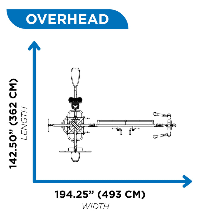 Overhead diagram of 6 station multi gym showing 142.50 inch length and 194.25 inch width