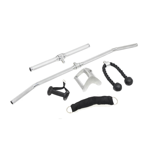 Assorted cable attachments including bars, rope, and handles for multi gym workouts