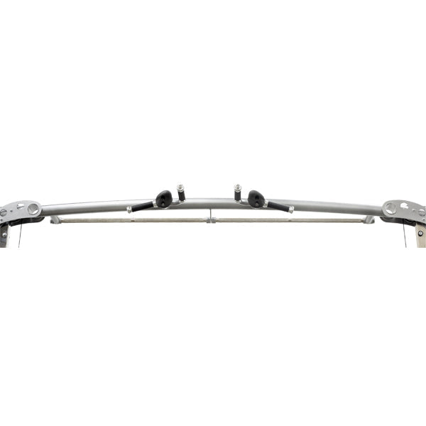 Close-up of integrated multi-grip pull-up bar connecting dual pod stations