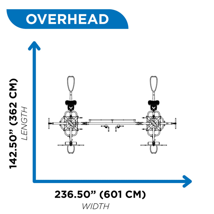 Overhead diagram of dual pod multi gym showing 142.50 inch length and 236.50 inch width