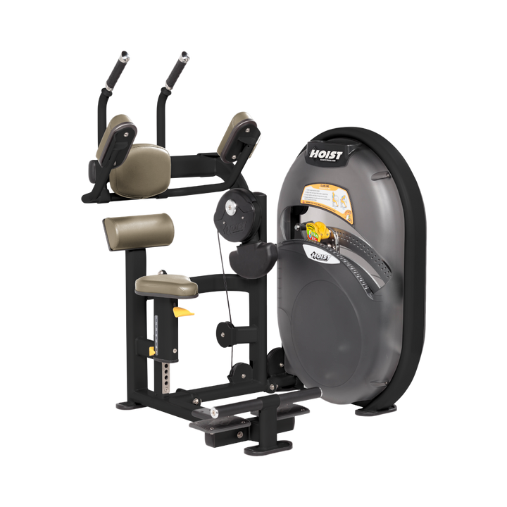 Seated abdominal crunch machine with padded arm supports and resistance housing designed for core strengthening
