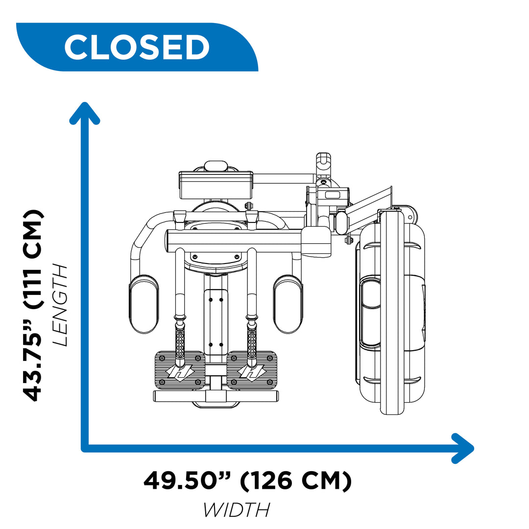 Overhead diagram of abdominal machine in closed position showing 43.75 inch length and 49.50 inch width
