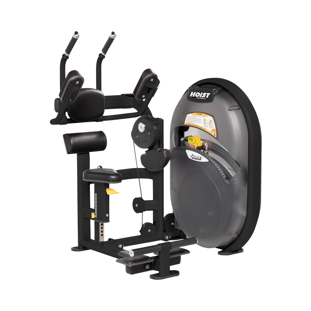 Seated abdominal crunch machine with padded arm supports and resistance housing designed for core strengthening