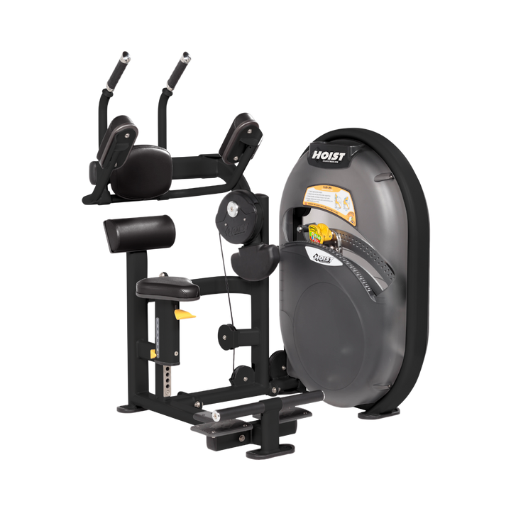 Seated abdominal crunch machine with padded arm supports and resistance housing designed for core strengthening