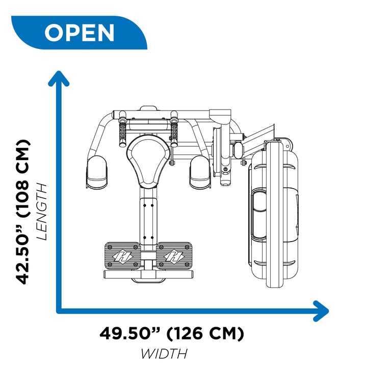 Overhead diagram of abdominal machine in open position showing 42.50 inch length and 49.50 inch width