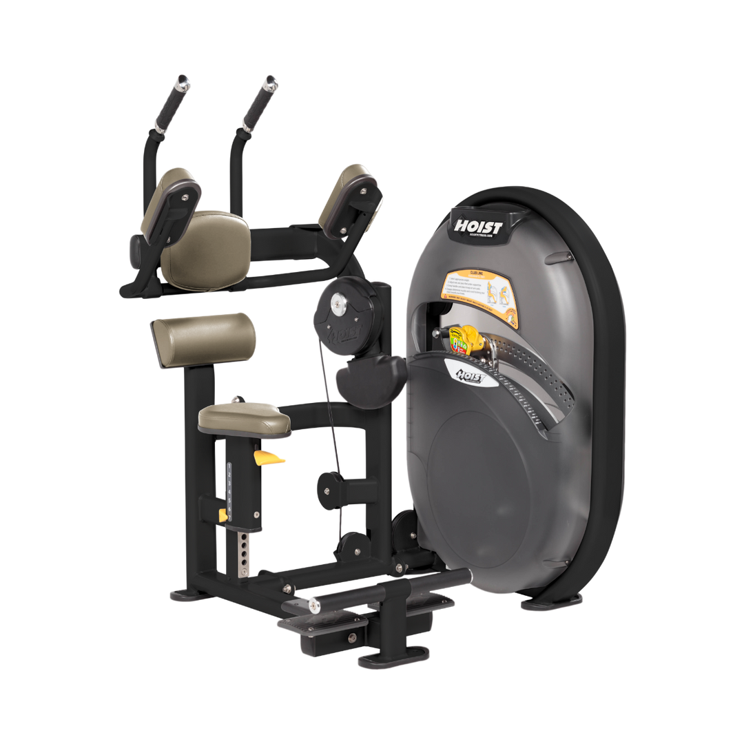 Seated abdominal crunch machine with padded arm supports and resistance housing designed for core strengthening
