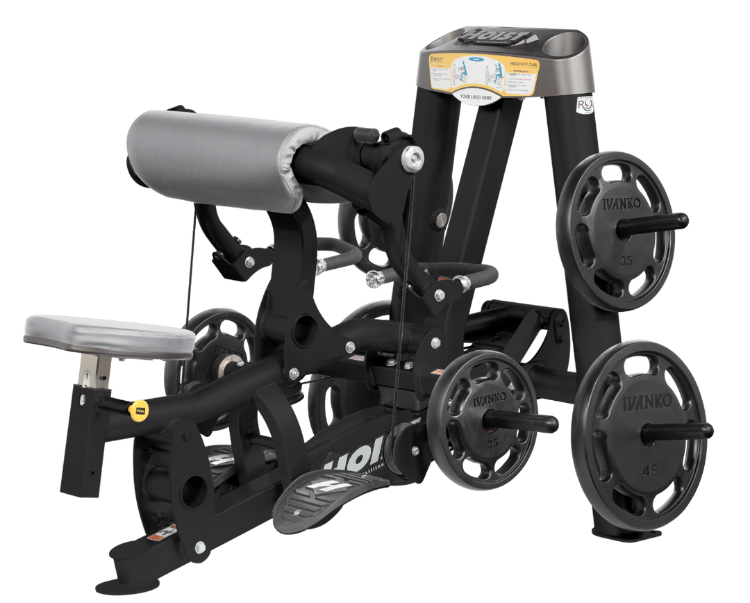 plate loaded biceps curl machine with gray padding showing alternate color option and sturdy frame design