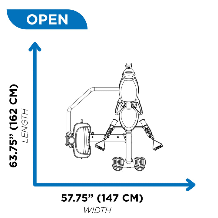 Overhead open position diagram showing 63.75 inch length and 57.75 inch width for Hoist biceps curl machine footprint