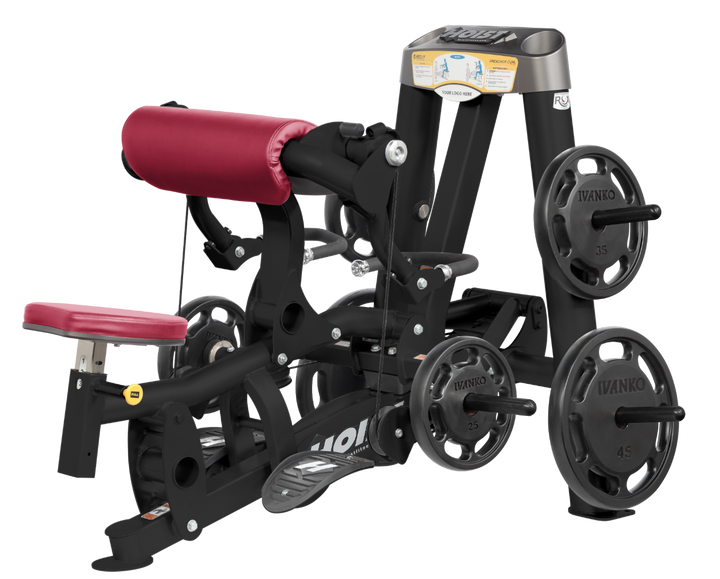 plate loaded biceps curl machine with red padding and commercial-grade frame for gym use