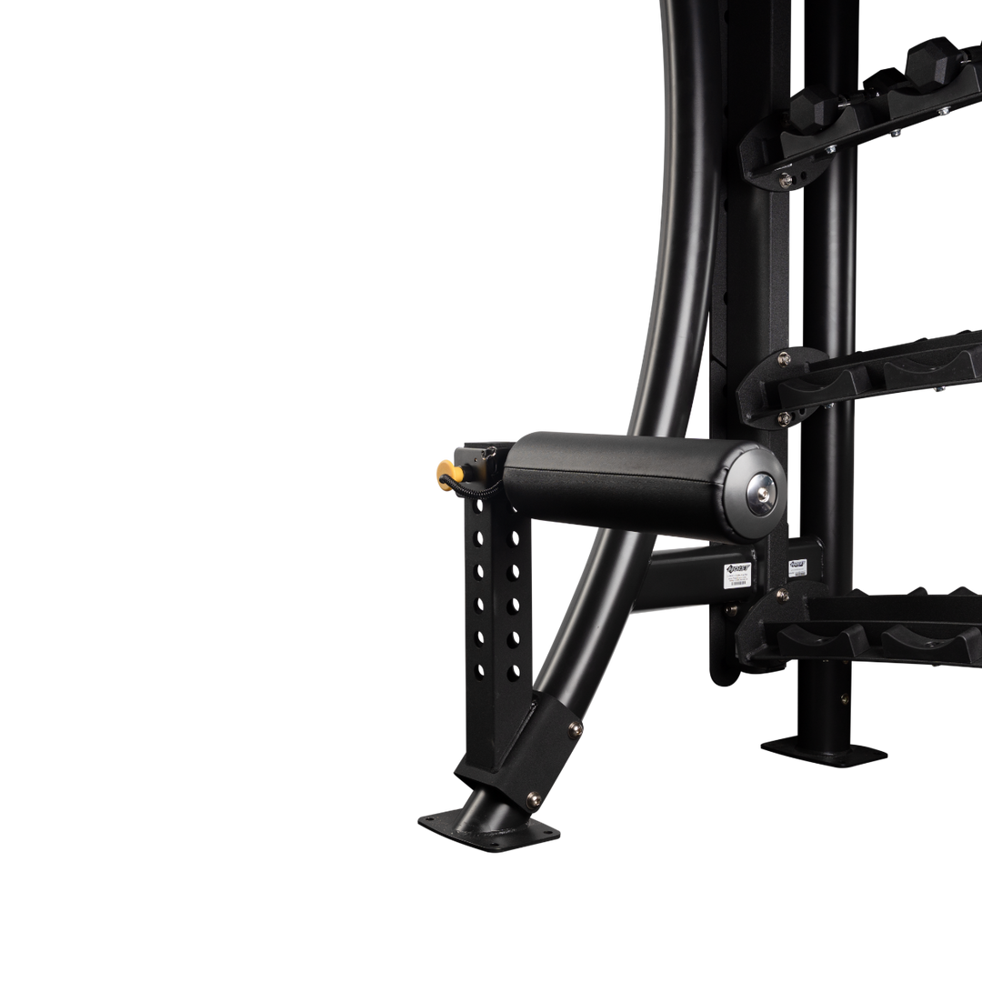 Angled view of Bulgarian squat attachment showing curved support frame and horizontal padded roller