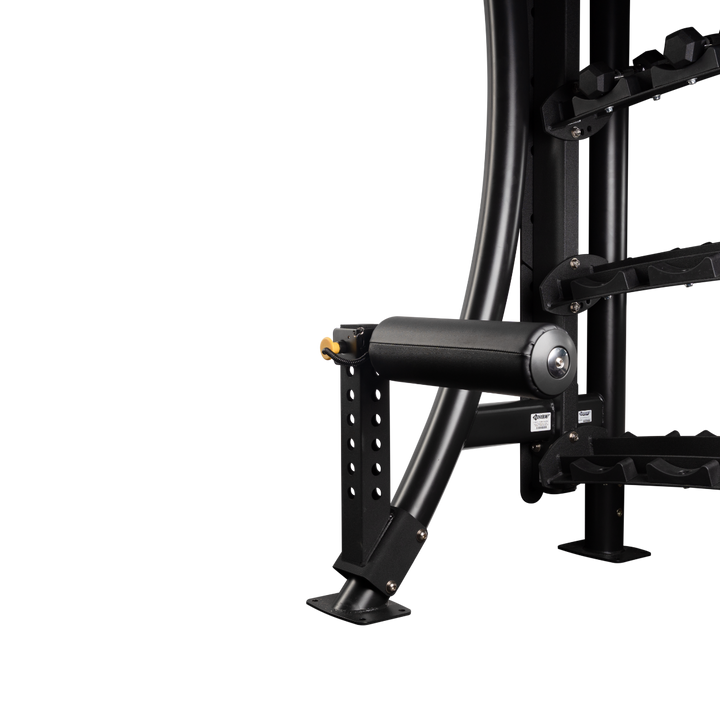 Angled view of Bulgarian squat attachment showing curved support frame and horizontal padded roller