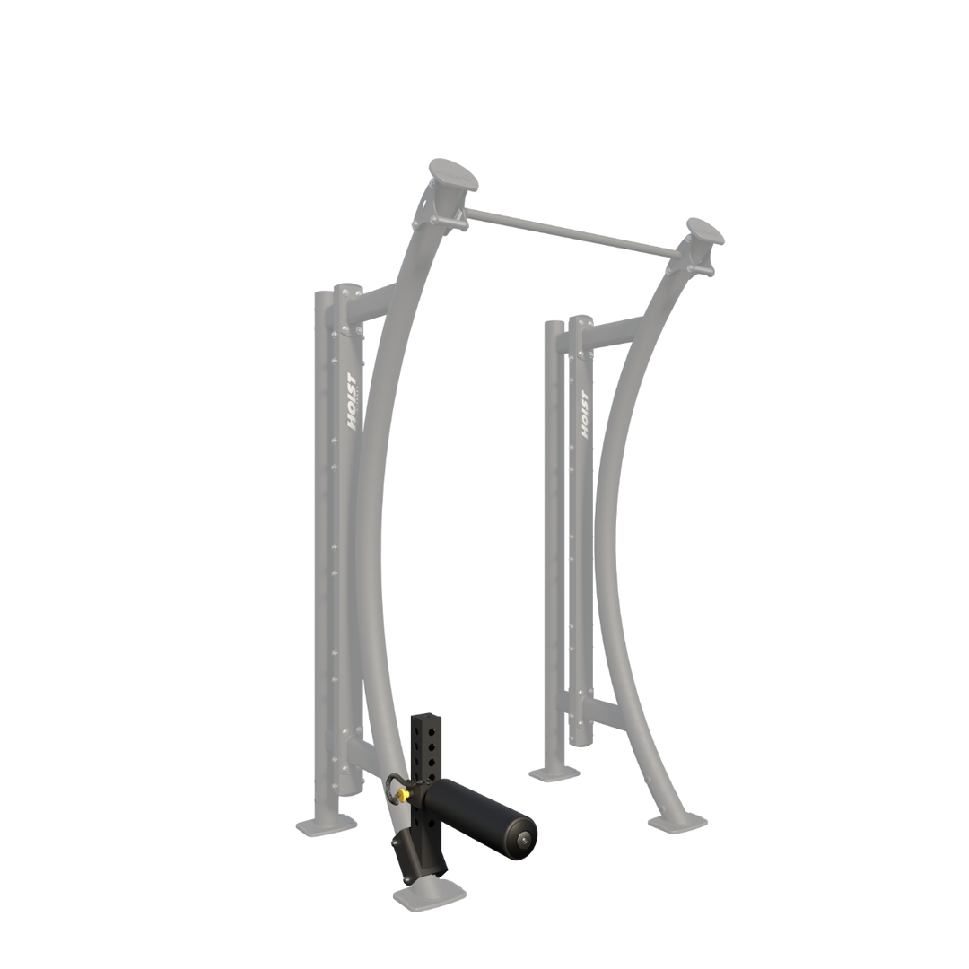 Adjustable Bulgarian squat attachment with padded rear foot support mounted to a strength training frame