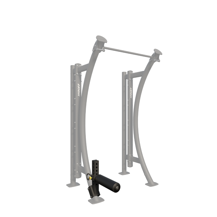 Adjustable Bulgarian squat attachment with padded rear foot support mounted to a strength training frame