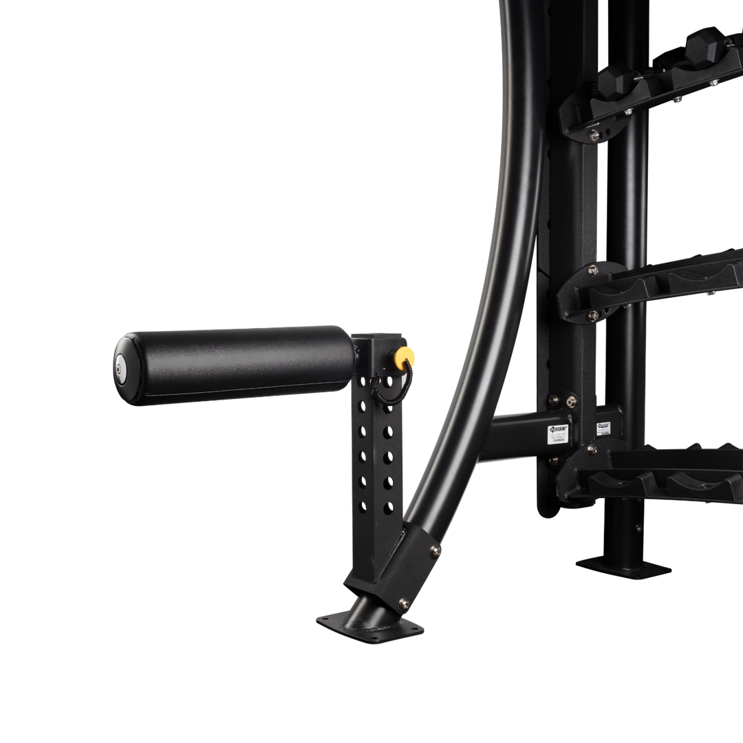 Close-up of horizontal padded roller used to support rear foot during Bulgarian split squats
