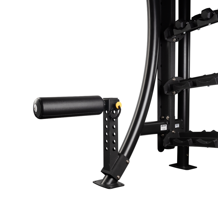 Close-up of horizontal padded roller used to support rear foot during Bulgarian split squats