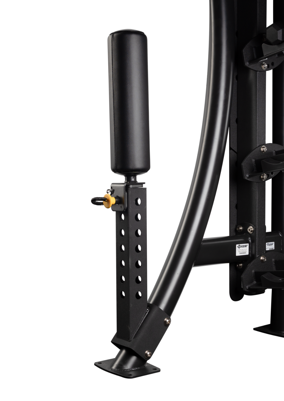 Close-up of attachment connection point showing how Bulgarian squat unit mounts to rack or frame system