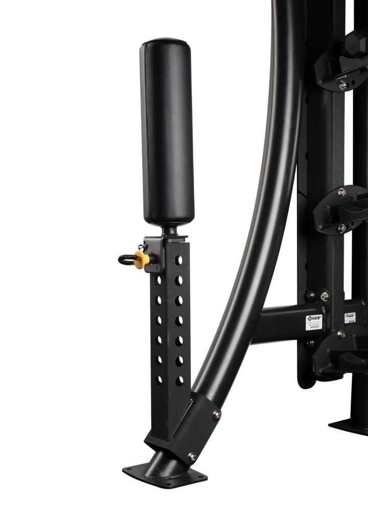 Close-up of attachment connection point showing how Bulgarian squat unit mounts to rack or frame system