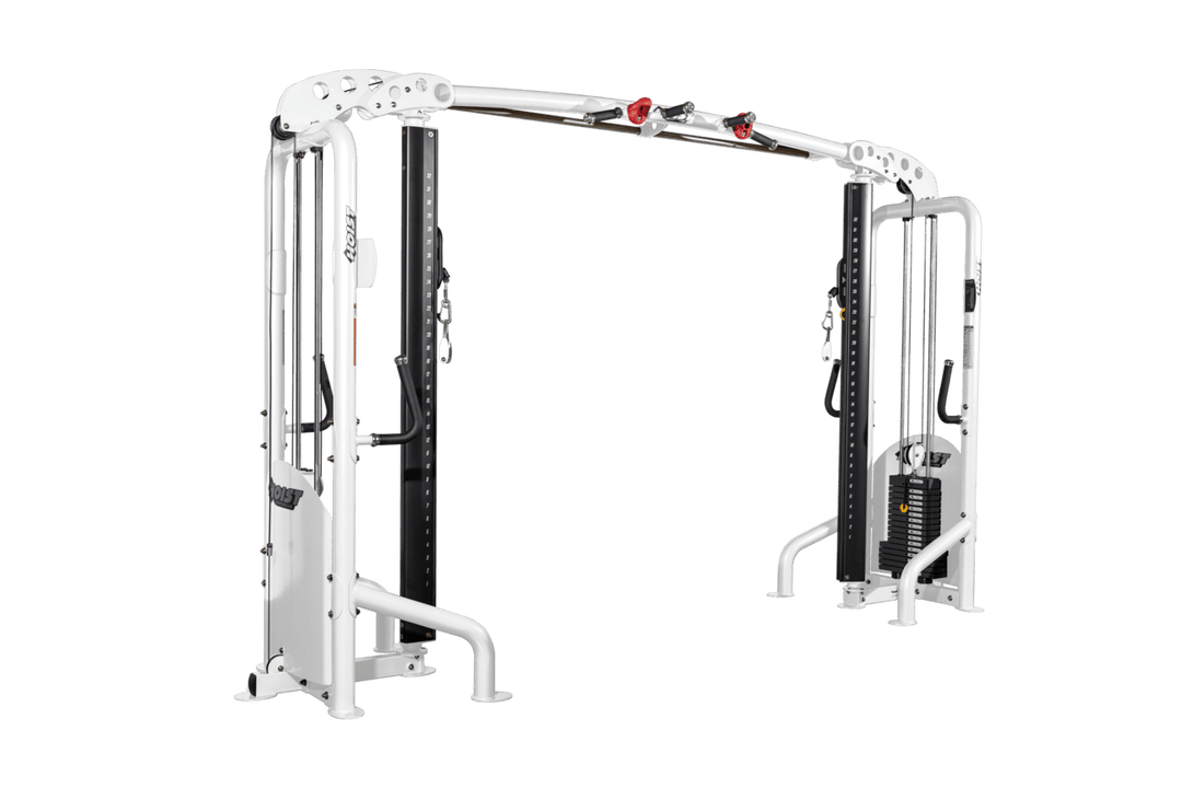 White frame version of commercial cable crossover with dual adjustable pulleys and weight stacks