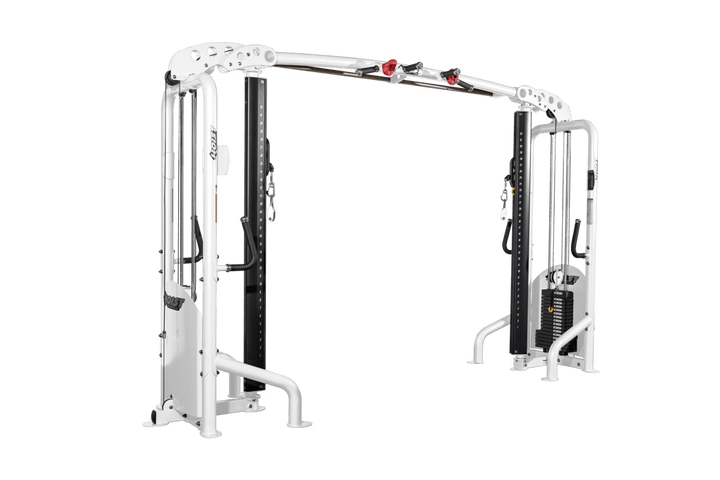 White frame version of commercial cable crossover with dual adjustable pulleys and weight stacks